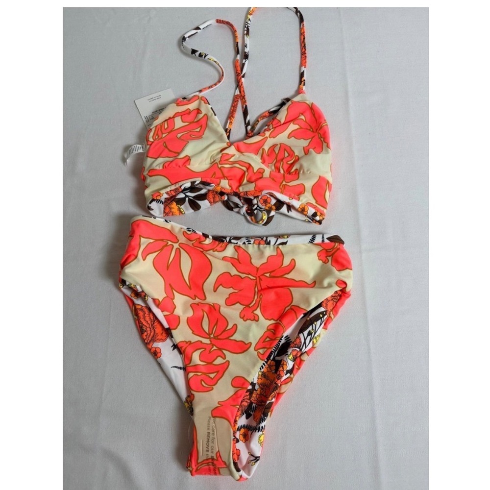 Maaji Reversible Bikini Set small orange Floral High Waisted lace up back New